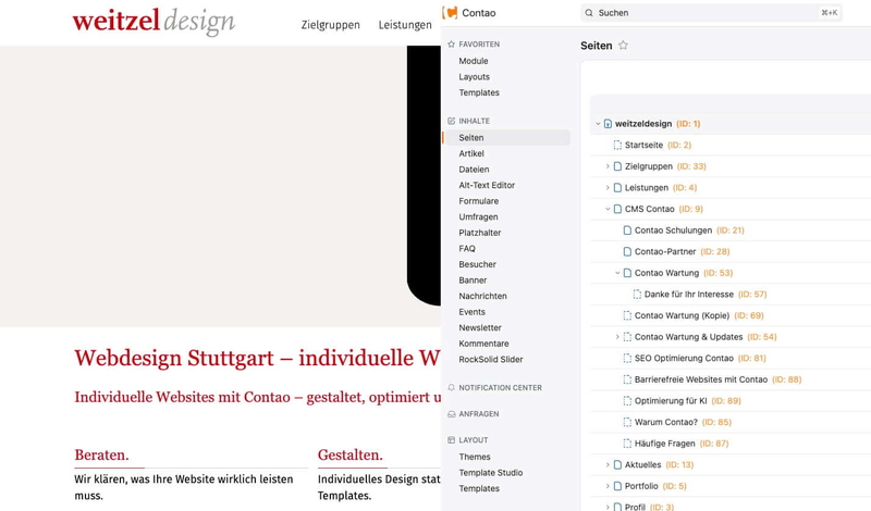 Das Bild zeugt einen Ausschnitt des Frontends und des Backends