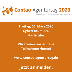 Grafik mit Text: Contao Agenturtag 2020 - Jetzt anmelden